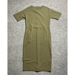Warehouse Womens Pencil Dress Green Short Sleeve Zip Pockets Minimalist Midi 2